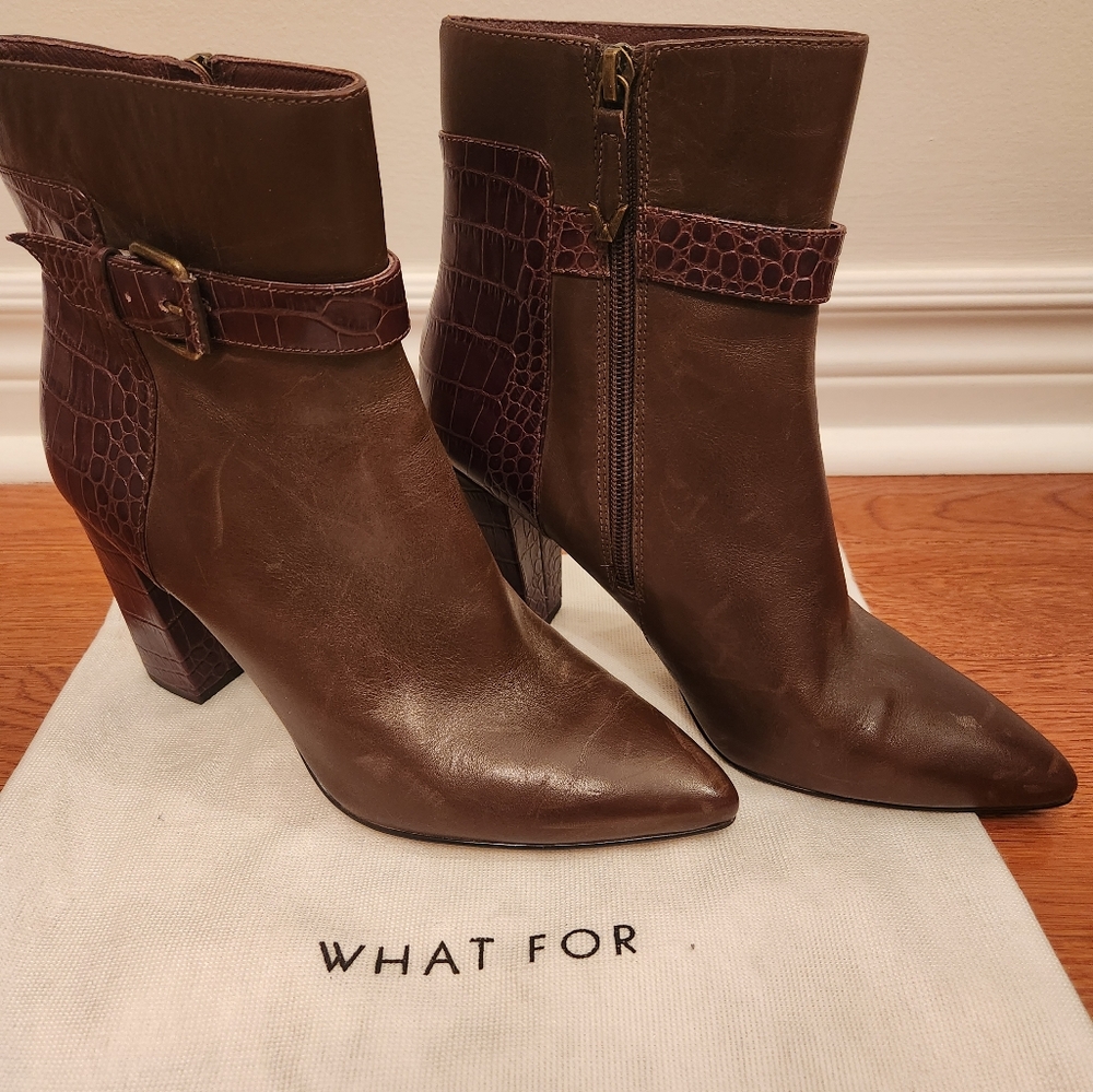 What For Paris brand block heel 3.5 inch booties brown leather w croc embossed